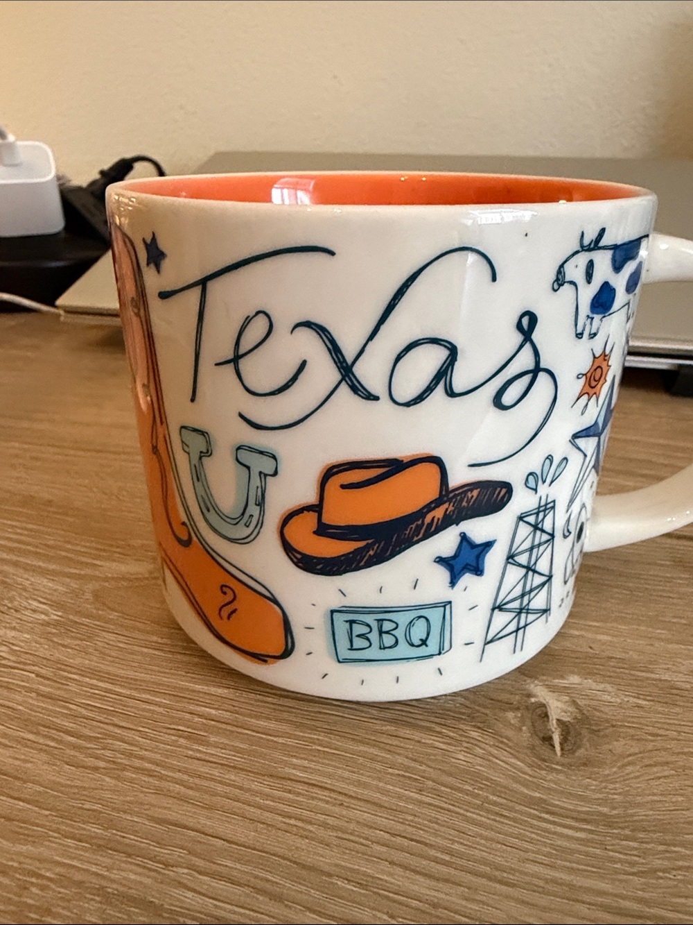 Starbucks Texas Ceramic Mug with Orange Interior and Blue Accents